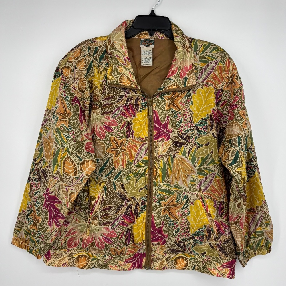Vintage Out Brook Womens Large Bomber Jacket 100% Silk Fall Leaf Print Relaxed
